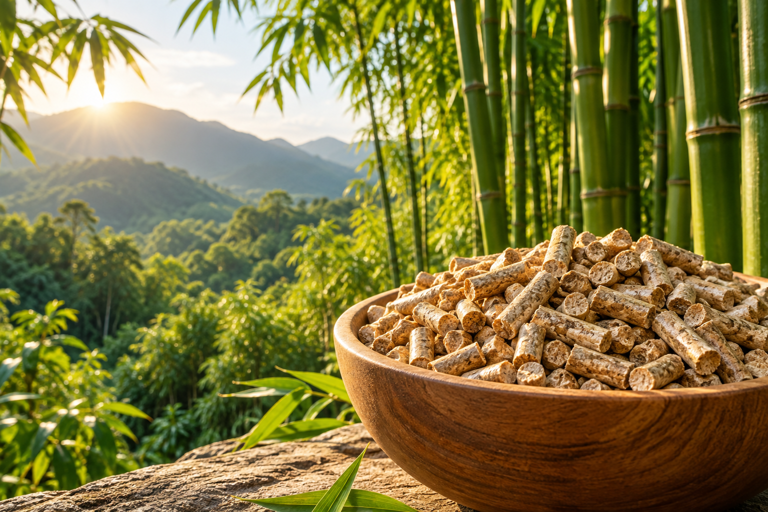 Bamboo fuel pellets in a wooden bowl against a sunlit bamboo grove