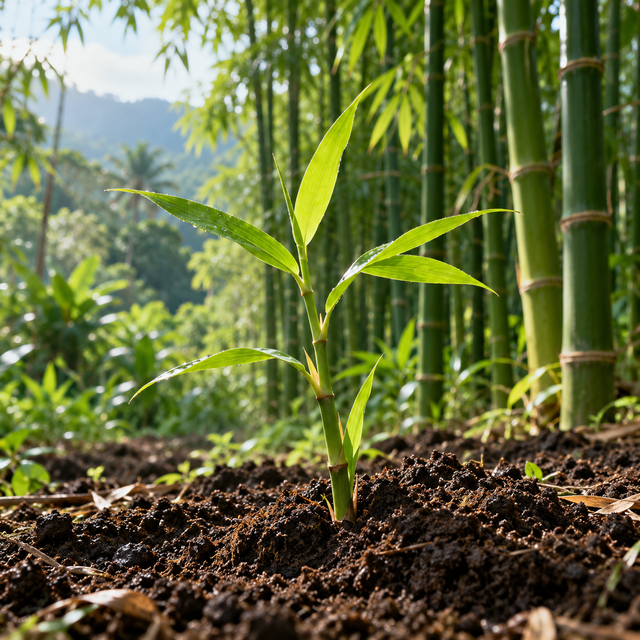 Young bamboo growing in rich soil