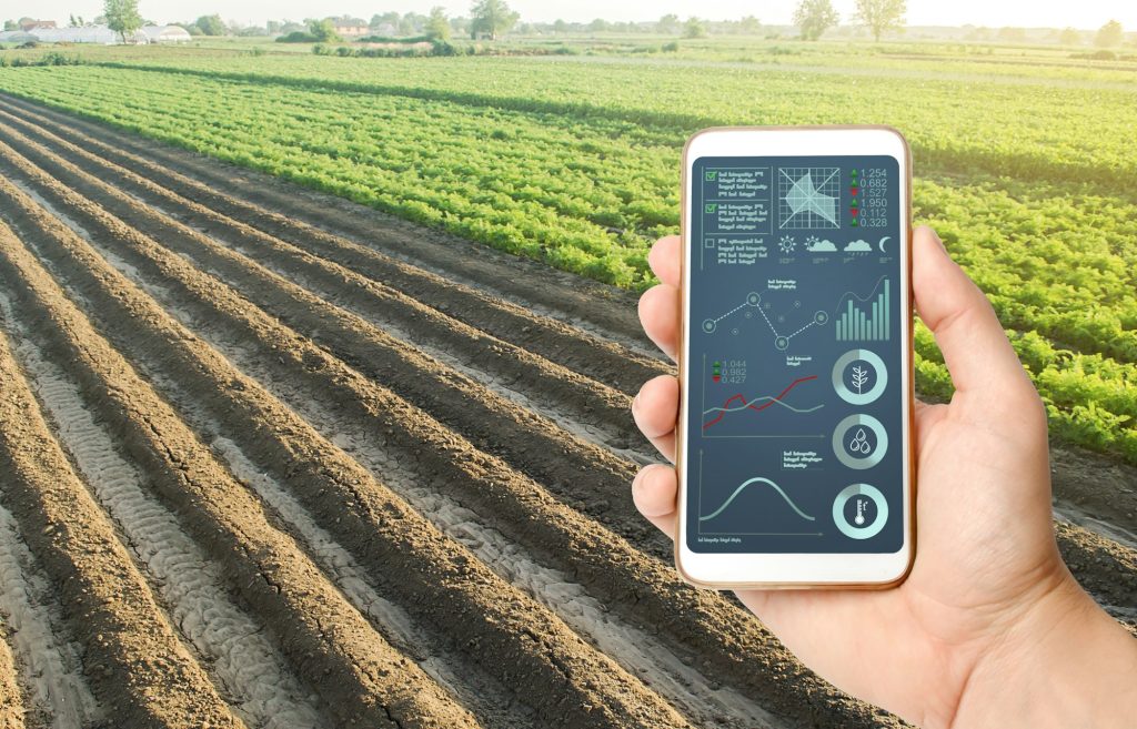 Hand holds mobile phone with crop status analysis infographics. Quality control